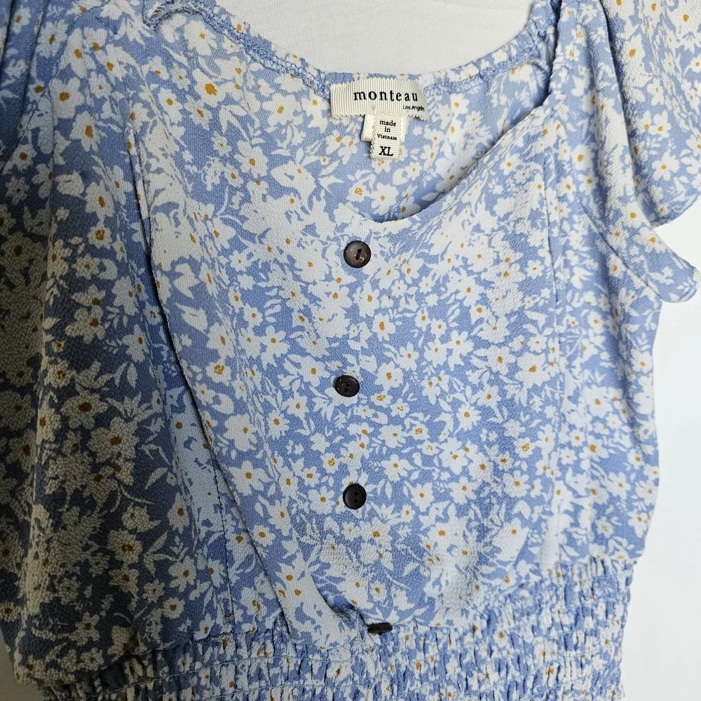 Monteau Blue Floral Smocked Crop Top Off The Shoulder XL